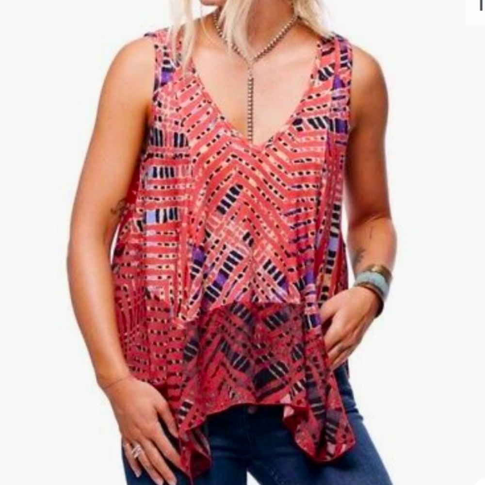 Free People Coral Multi-Pattern Sleeveless V-Neck Top